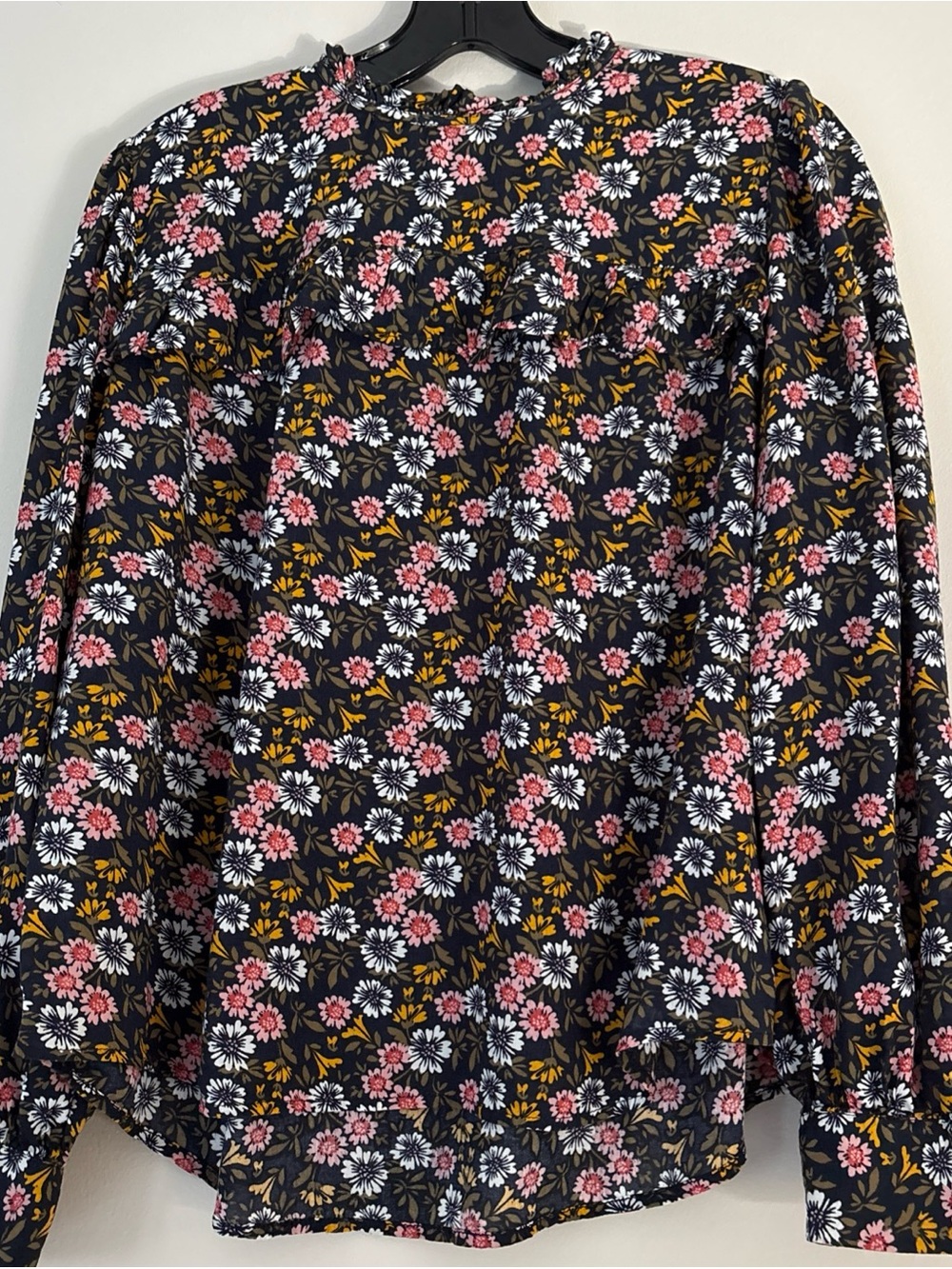 LOFT Black Floral Long-Sleeve Blouse with Pink & White Blooms